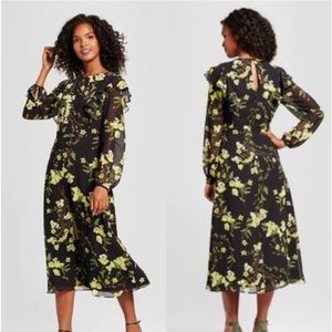 who what wear Medium Black & Yellow summer flowers dress ruffle M floral